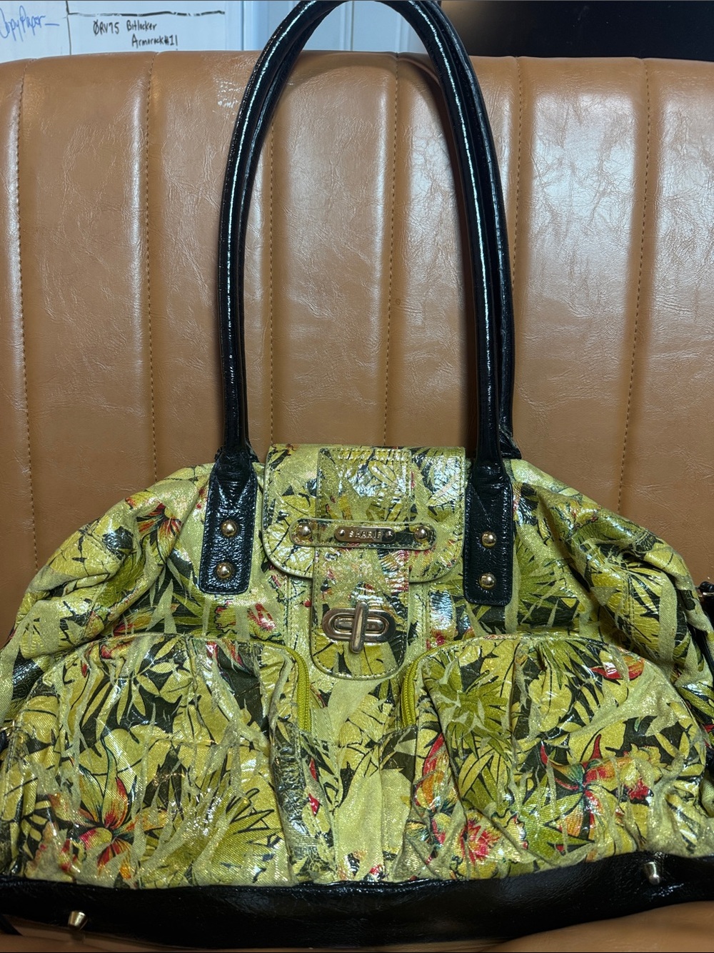 Sharif Studios Green Yellow Floral Tote with Black Patent Handles